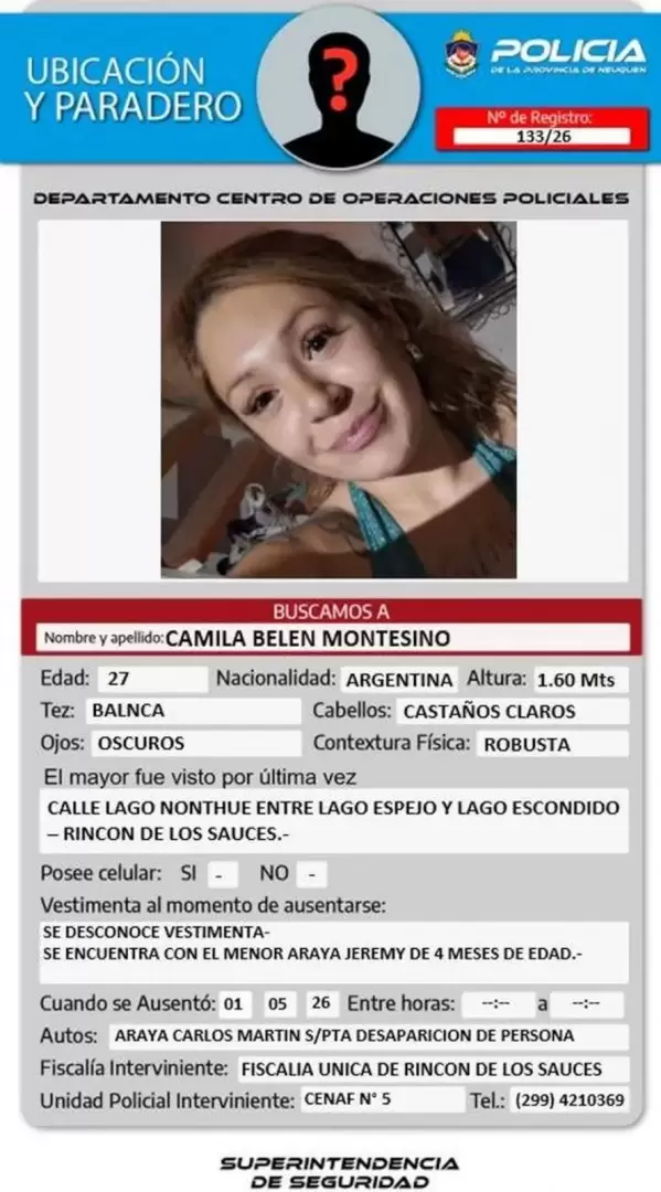 La provincia activ� el Alerta Nati para encontrar a Camila Bel�n Montesino, de 27 a�os, y a su hijo Carlos Amir Jeremy Araya
