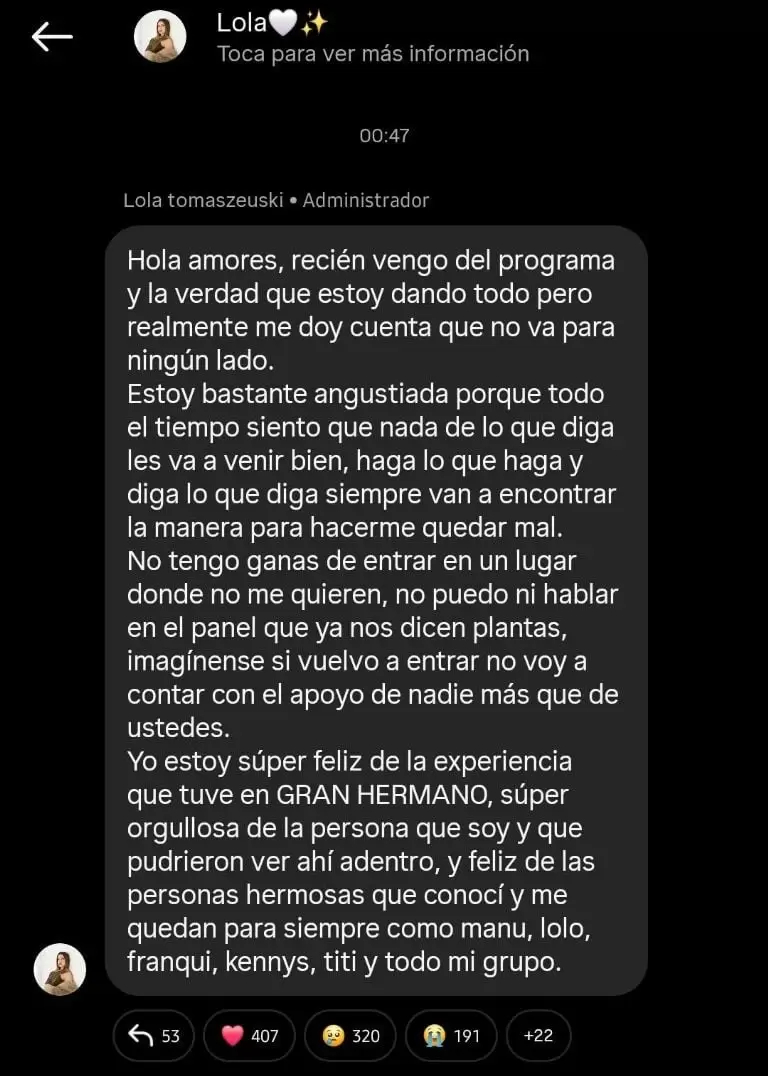 As� anunci� Lola Tomaszeuski que se bajaba del repechaje