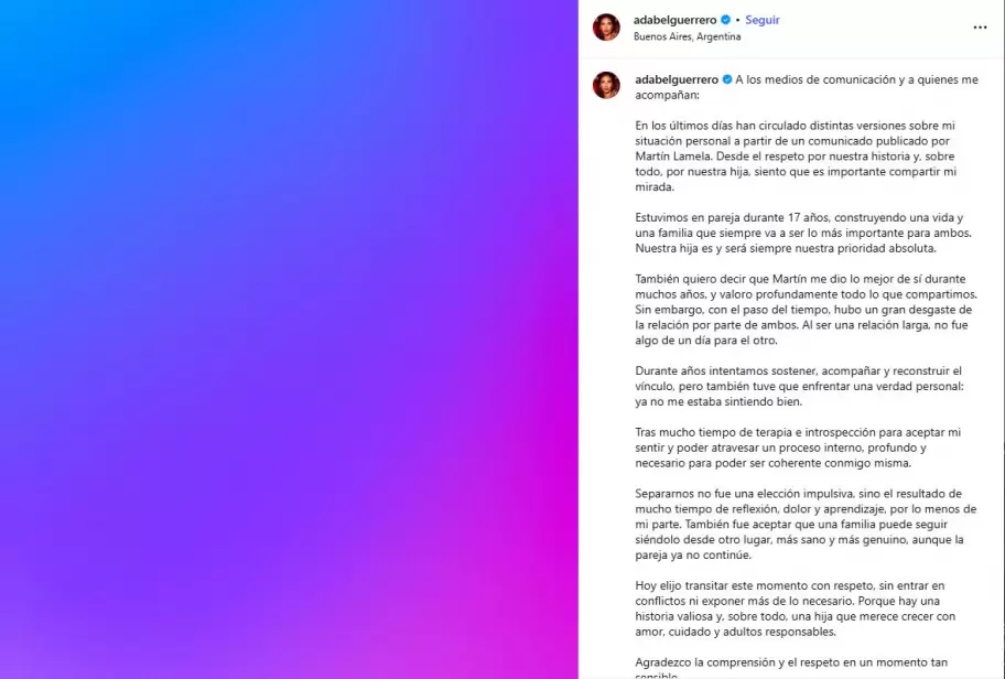 Adabel Guerrero confirm� su separaci�n