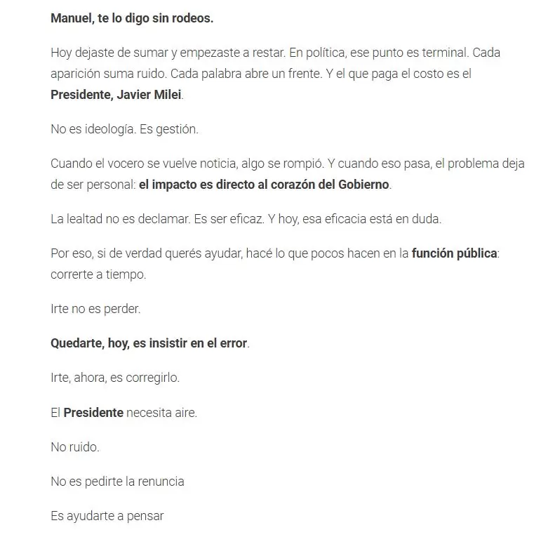La carta de Eduardo Feinmann a Manuel Adorni