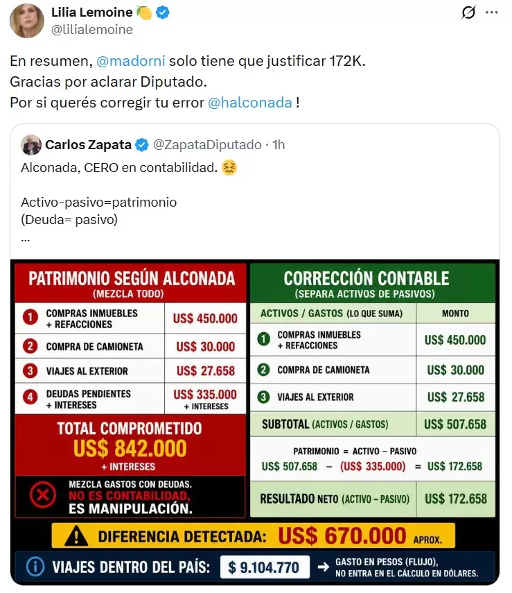 Lilia Lemoine elogi� al diputado Carlos Zapata por el "c�lculo" que hizo para defender a Manuel Adorni.