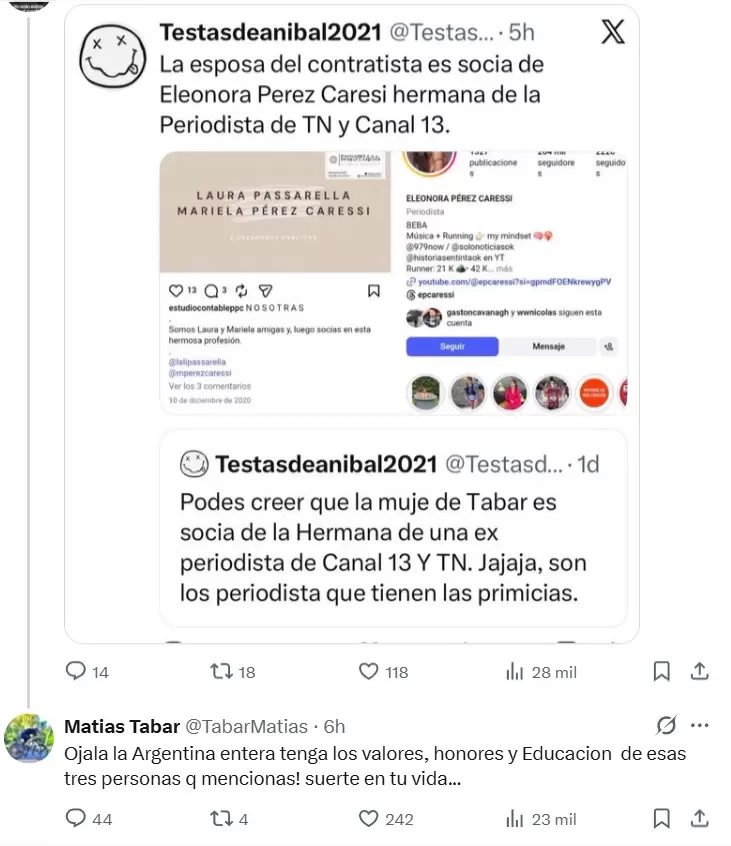 El segundo tuit de Mat�as Tabar fue una defensa a su familia y contactos, con los que buscan desprestigiar su declaraci�n judicial.
