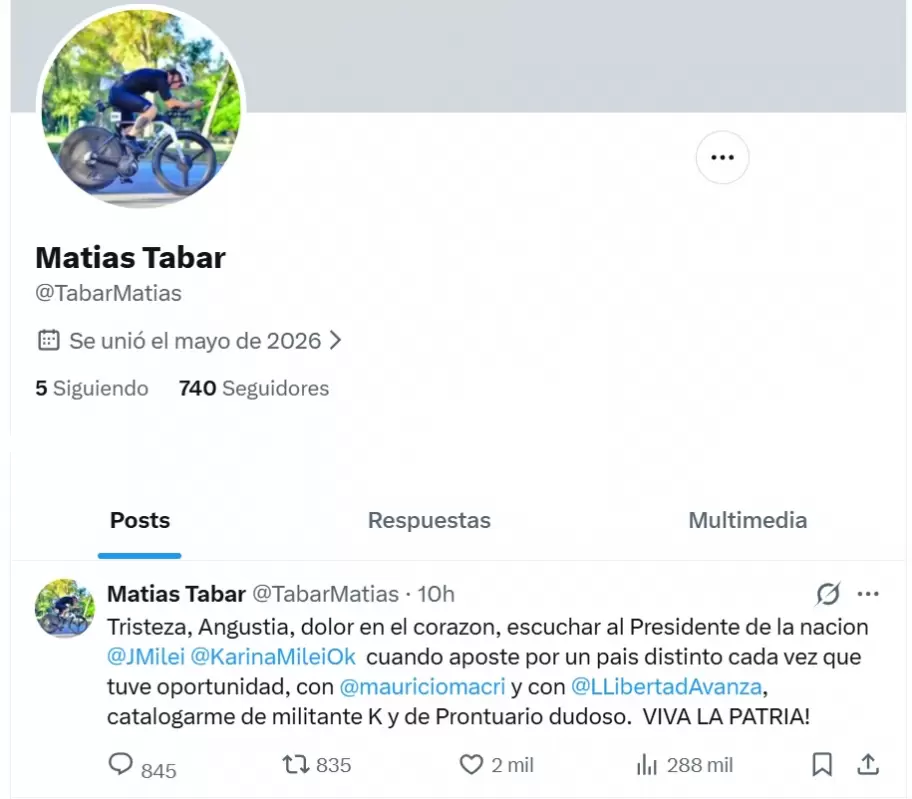 El contratista Mat�as Tabar inaugur� su cuenta de X con la respuestas a las acusaciones de Javier Milei.