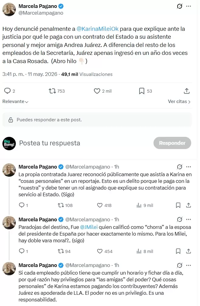 El tuit de Marcela Pagano en el que aclara su denuncia contra Karina Milei.