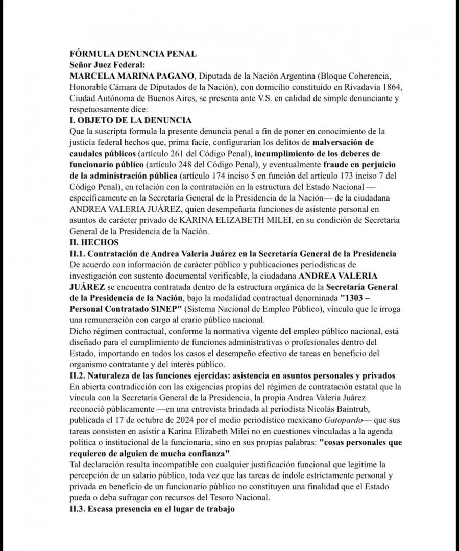 La carátula de la denuncia de Marcela Pagano contra Karina Milei por la contratación de Andrea Juárez.