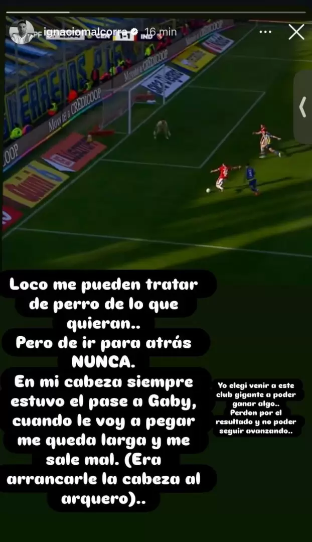 La historia de Ignacio Malcorra en donde se excusa y explica su error contra su ex equipo.