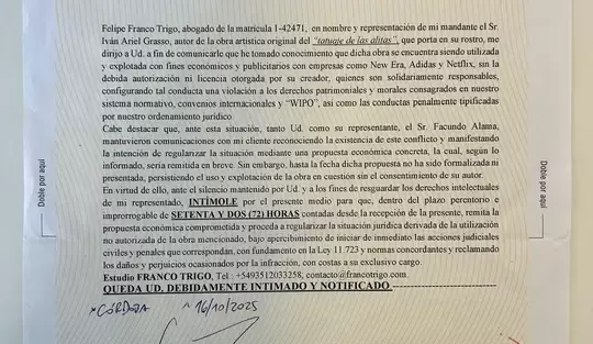 El tatuador de Duki lo denunci� por usar sus "alitas" en merchandising, Adidas y Netflix