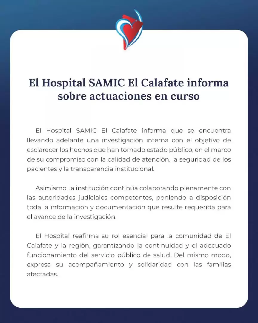 Comunicado del Hospital SAMIC de El Calafate