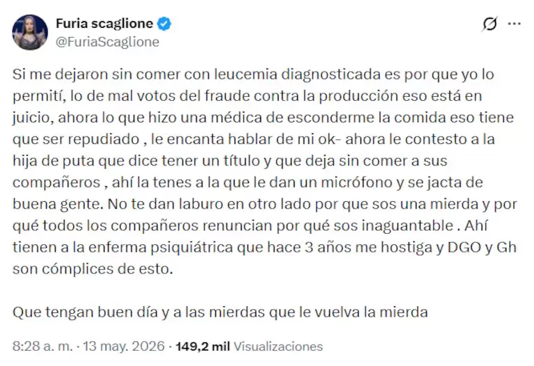 Furia Scaglione no suelta su paso por Gran Hermano y cruz� a Catalina Gorostidi