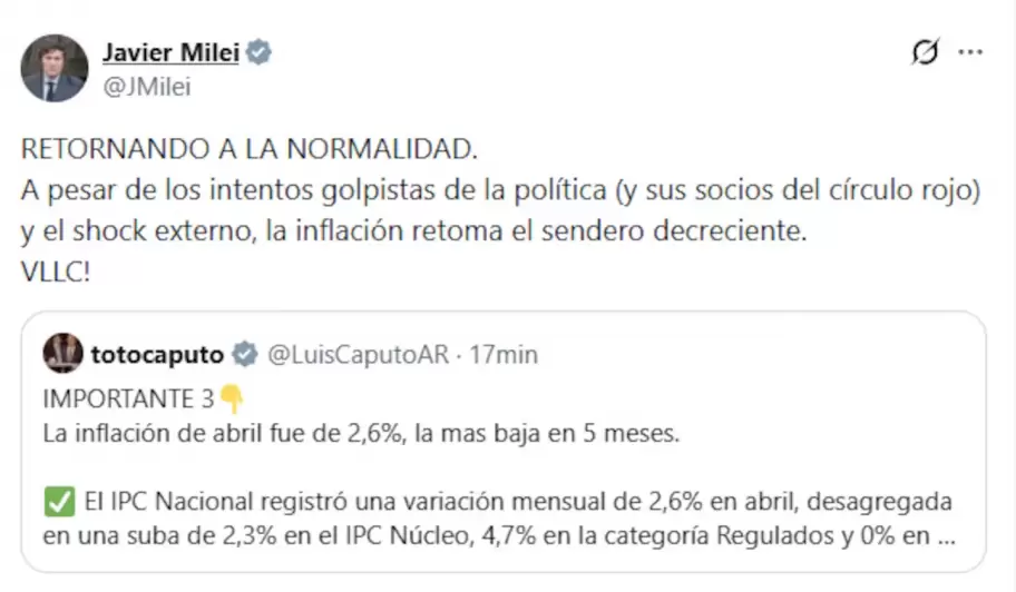 Milei festej� el 2,6% de inflaci�n de abril y se olvid� de que ya super� la expectativa anual en solo cuatro meses.