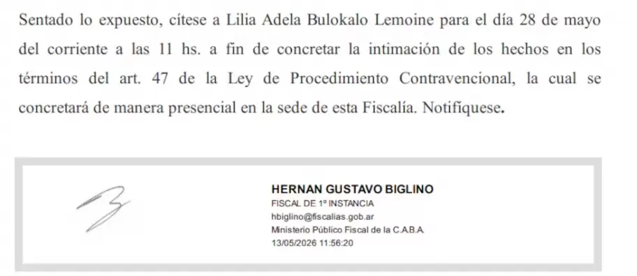 La citaci�n a indagatoria a Lilia Lemoine por su dichos contra Ian Moche y su mam�, Marlene Spesso.
