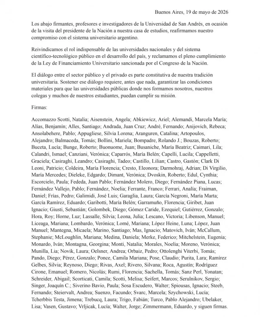 El comunicado de los docentes de la Universidad de San Andr�s tras ser visitados por el presidente Javier Milei.