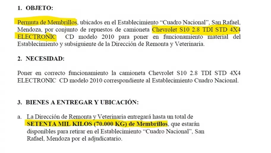Parte del pliego que intercambiará membrillo por partes de una camioneta Chevrolet S10.