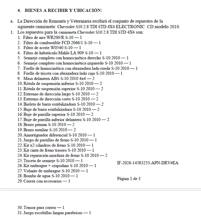 Las autopartes de la Chevrolet S10 que el Ministerio de Defensa busca intercambiar por membrillo.