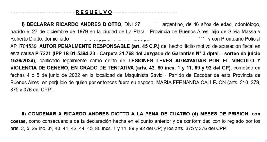 Condenaron a Ricky Diotto por violencia de g�nero contra Mar�a Fernanda Callej�n
