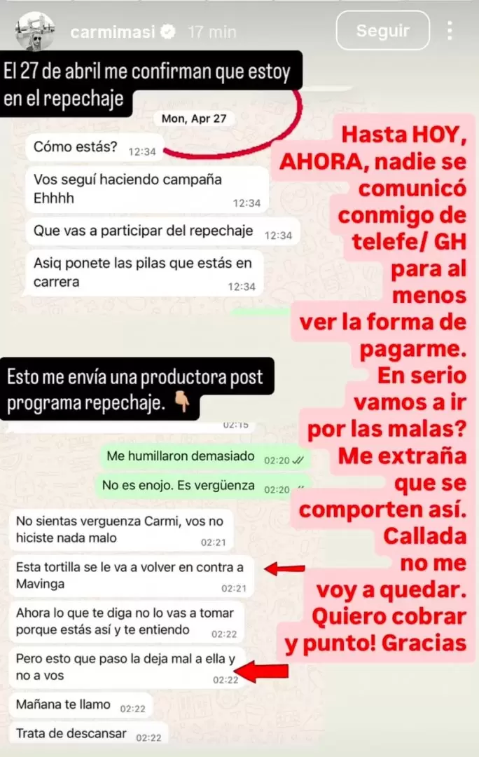 La protesta p�blica de Carmi�a Masi contra Gran Hermano porque todav�a no le pagaron.