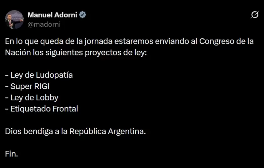 Así anunció Manuel Adorni el nuevo paquete enviado al Congreso de la Nación por el Poder Ejecutivo.