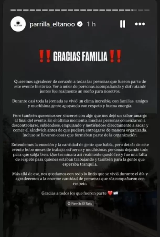 Comunicado de la parrilla El Tano tras los incidentes
