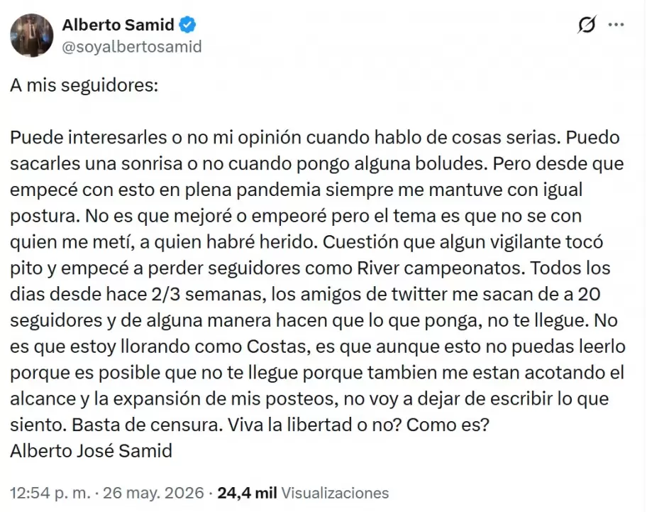 El posteo de Alberto Samid en protesta a los cambios en el algoritmo de X.