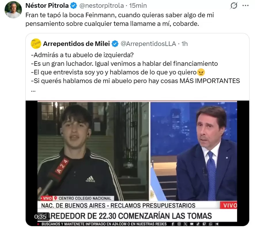 N�stor Pitrola cuestion� a Eduardo Feinmann por el cruce que tuvo con su nieto.