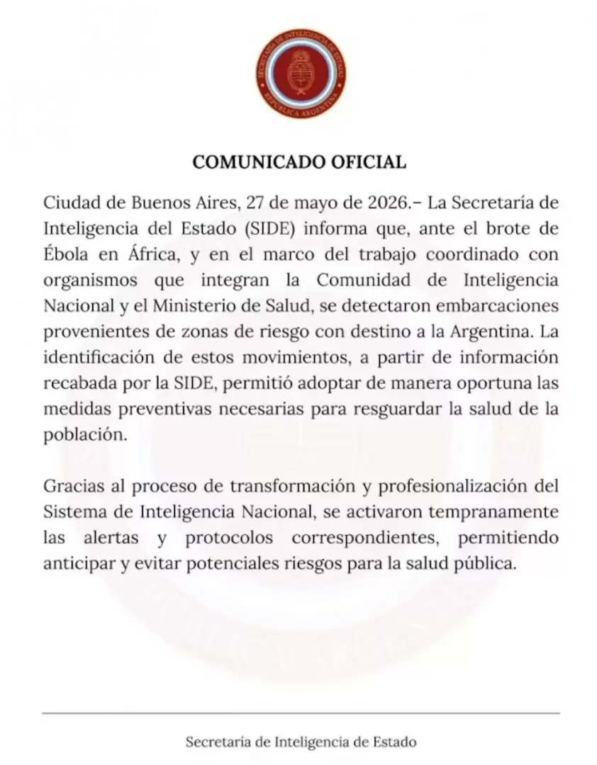 Comunicado de la Secretaría de Inteligencia del Estado (SIDE)