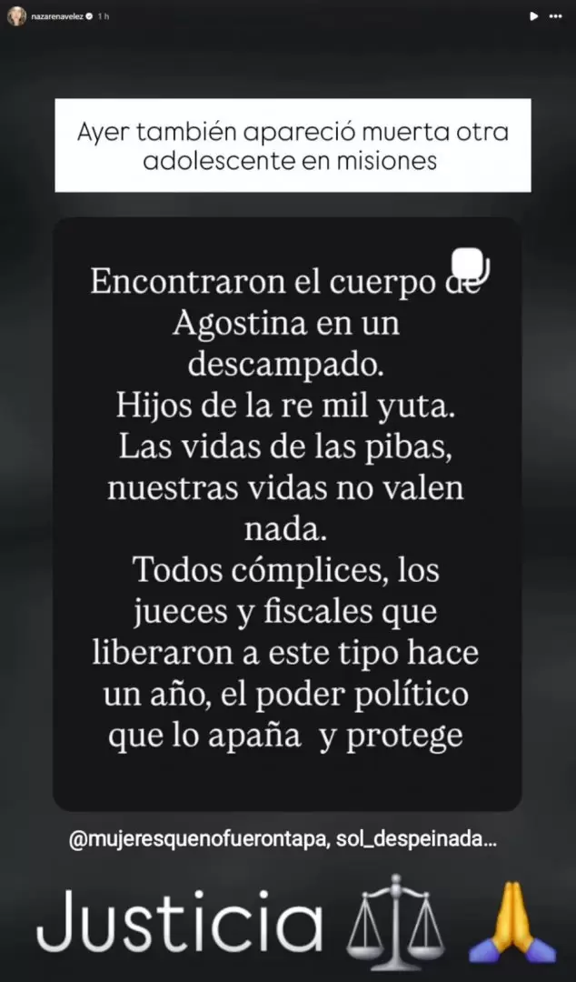 Cinthia Fern�ndez tambi�n se pronunci� sobre el femicidio de Agostina Vega