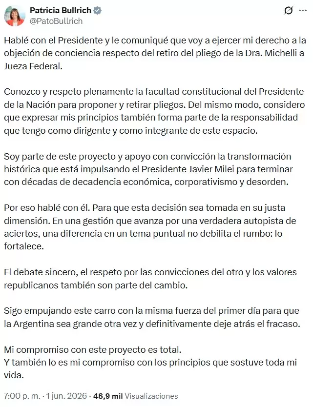 Patricia Bullrich volvi� a desmarcarse del gobierno de La Libertad Avanza, aunque asegur� que todav�a est� dentro del proyecto de Javier Milei.