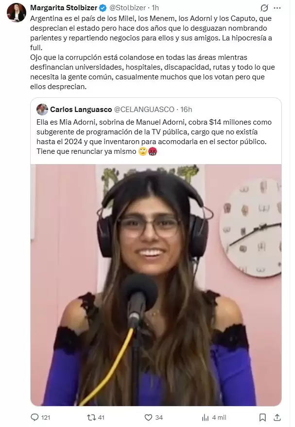Margarita Stolbizer cay� en un bait en relaci�n a una supuesta sobrina de Manuel Adorni, retratada con la foto de la ex actriz porno Mia Khalifa.