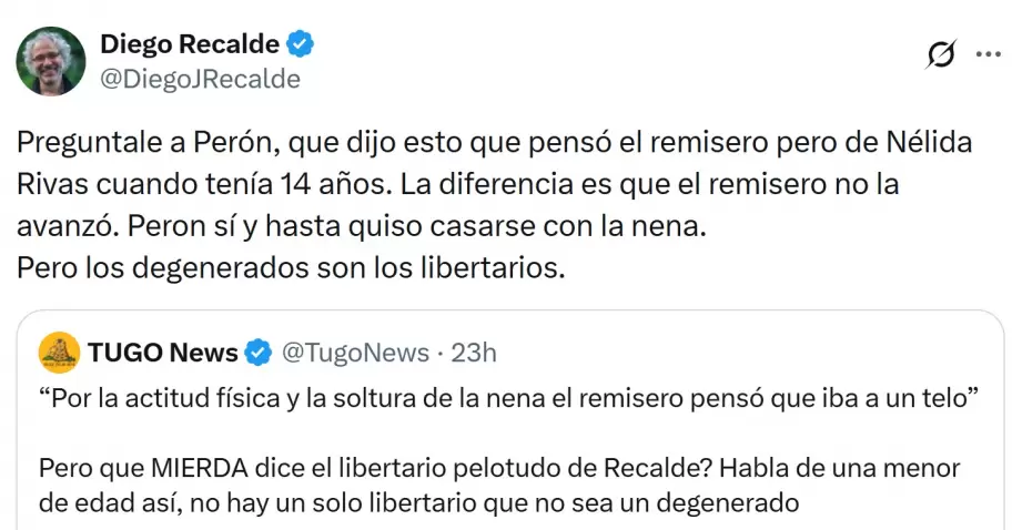Diego Recalde justific� sus declaraciones sobre que Agostina Vega no era virgen.