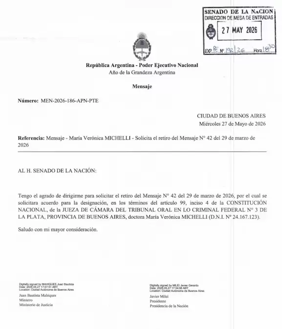 El pedido retiro del pliego de la jueza Mar�a Ver�nica Michelli