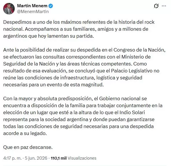 El posteo de Mart�n Menem sobre la sede para la despedida del Indio Solari