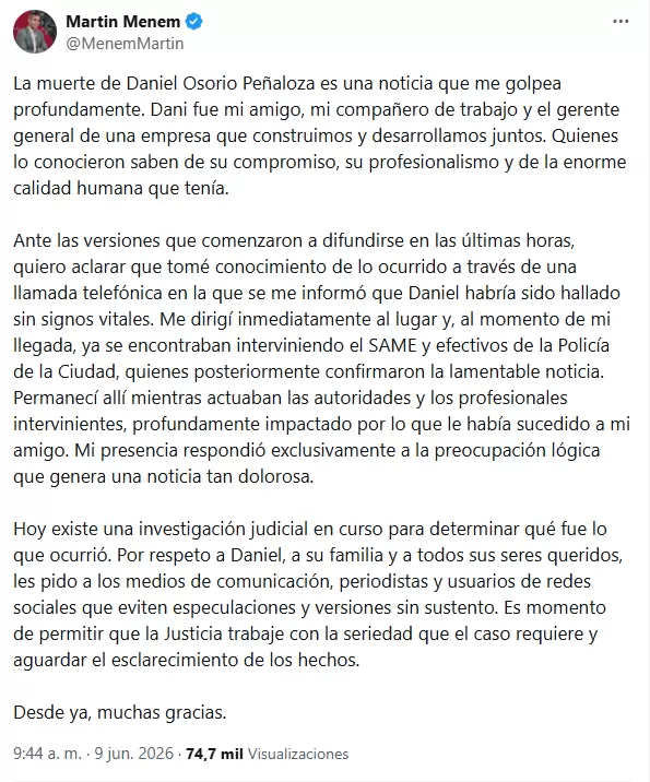 El mensaje de Martín Menem sobre la muerte de Osorio