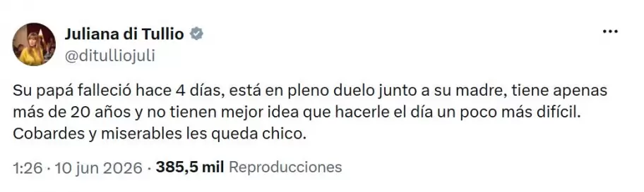Juliana di Tullio carg� contra quienes apuntaron contra el hijo del Indio Solari