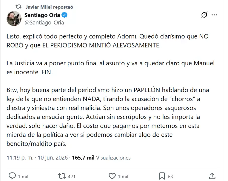 El tweet con el que Milei apoy� a Adorni