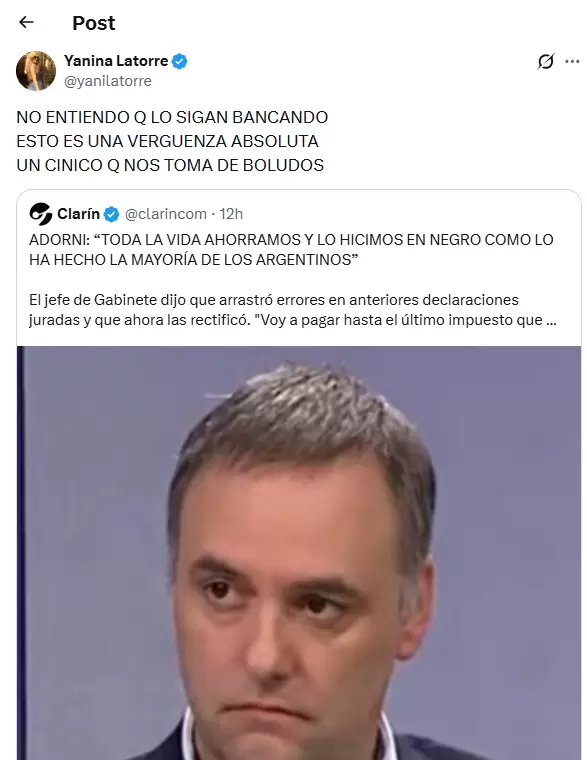 Yanina Latorre lapidaria contra Manuel Adorni