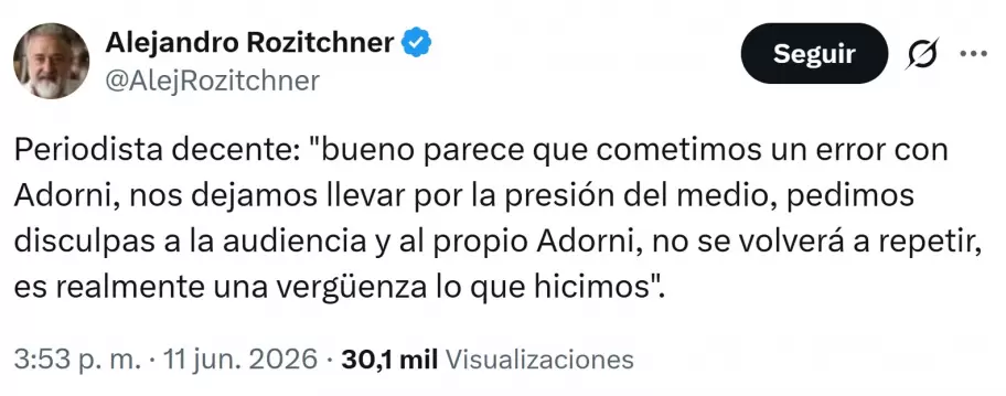 Alejandro Rozitchner se burló de los periodistas oficialistas ante el caso Adorni.