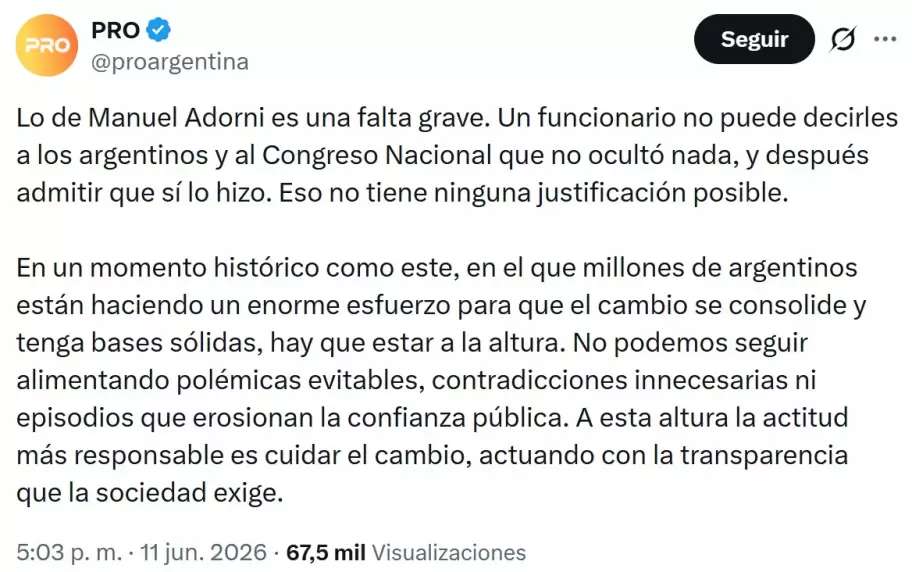 El duro comunicado del PRO contra Manuel Adorni.