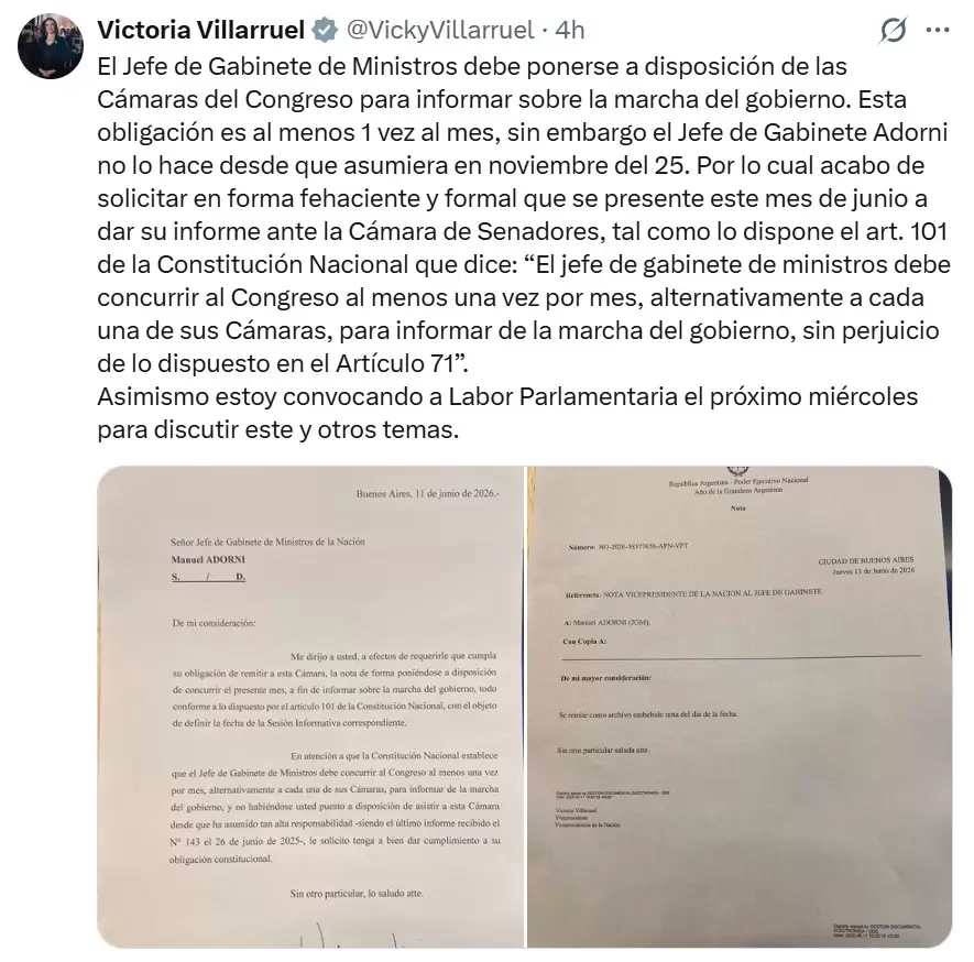 Victoria Villarruel apur� a Manuel Adorni para que se presente ante el Senado el mi�rcoles 18 de junio.