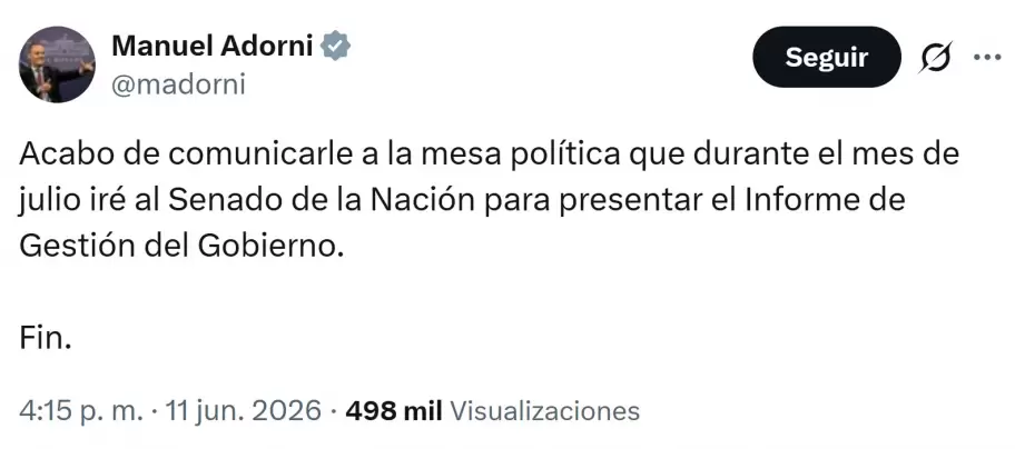 Manuel Adorni asegur� que ir�a a comparecer ante ell Senado en julio.