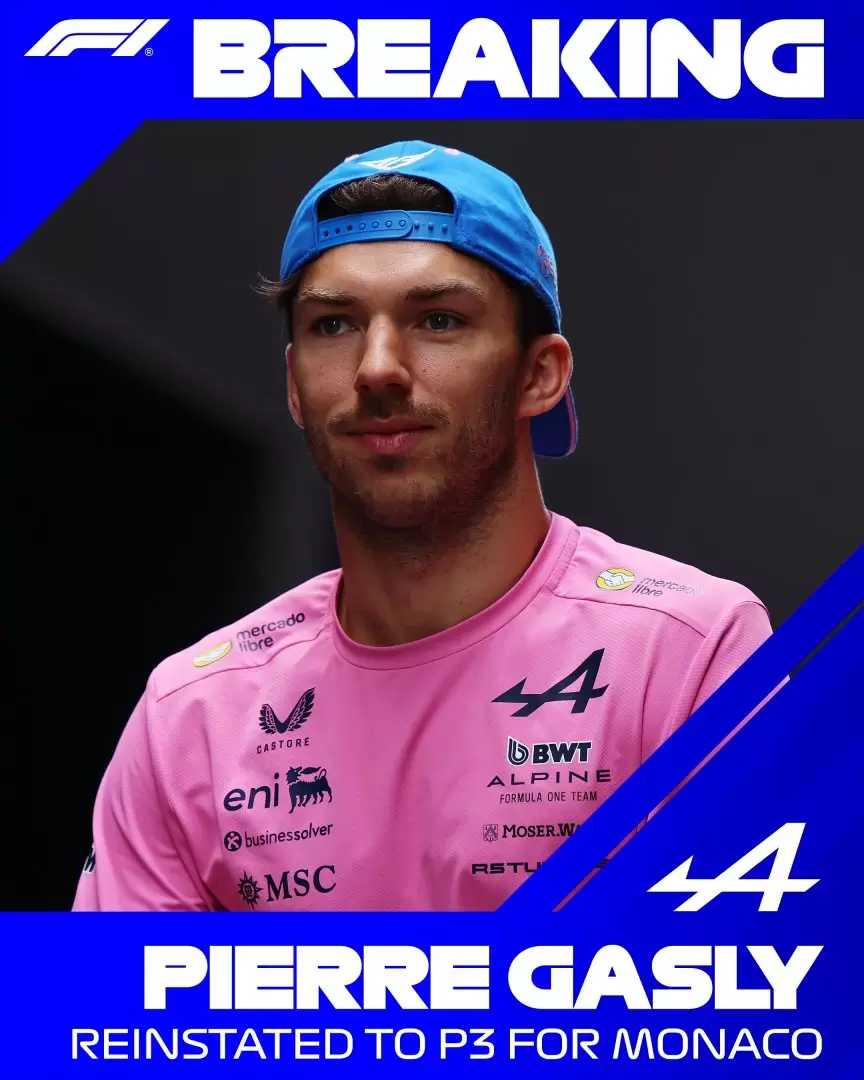 La Fórmula 1 revocó las dos sanciones contra Pierre Gasly y le devolvió el tercer puesto que tuvo en el Gran Premio de Mónaco.