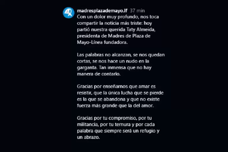 El posteo de Madres de Plaza de Mayo para comunicar la noticia