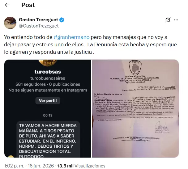 Gastón Trezeguet compartió las amenazas que recibió