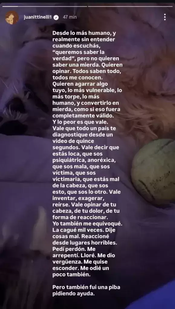 Juana Tinelli dejó una larga reflexión tras las repercusiones de su denuncia por violencia de género contra Bautista Cuiña.