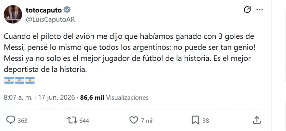 El posteo de Luis Caputo tras el triunfo de la Selección