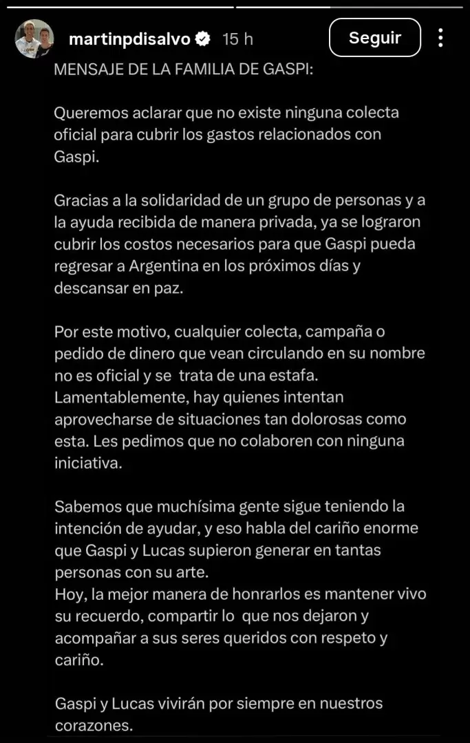 El comunicado de la familia de Gaspi