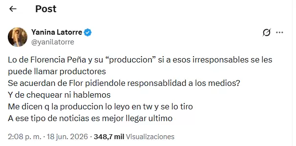 Yanina Latorre apuntó contra Florencia Peña por confirmar la supuesta muerte del papá de Messi