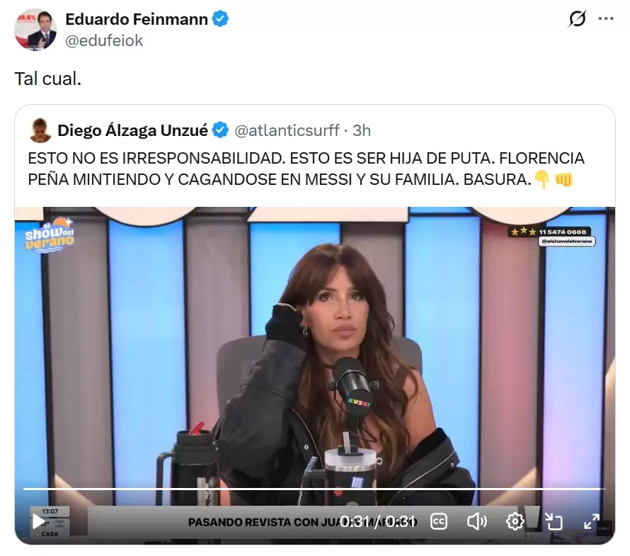 Eduardo Feinmann aval� los insultos contra Florencia Pe�a tras la noticia falsa que soltaron en su programa sobre la muerte de Jorge Messi.
