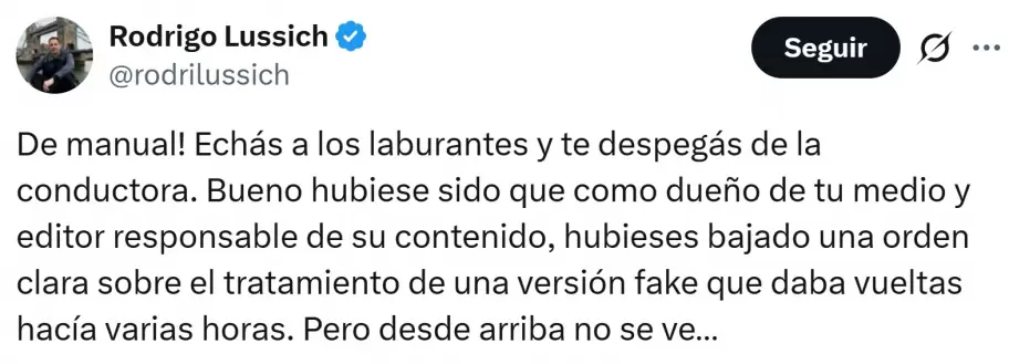 Rodrigo Lussich cuestion� que Nico Occhiato se haya lavado las manos tras la fake news de Jorge Messi en Luzu TV.