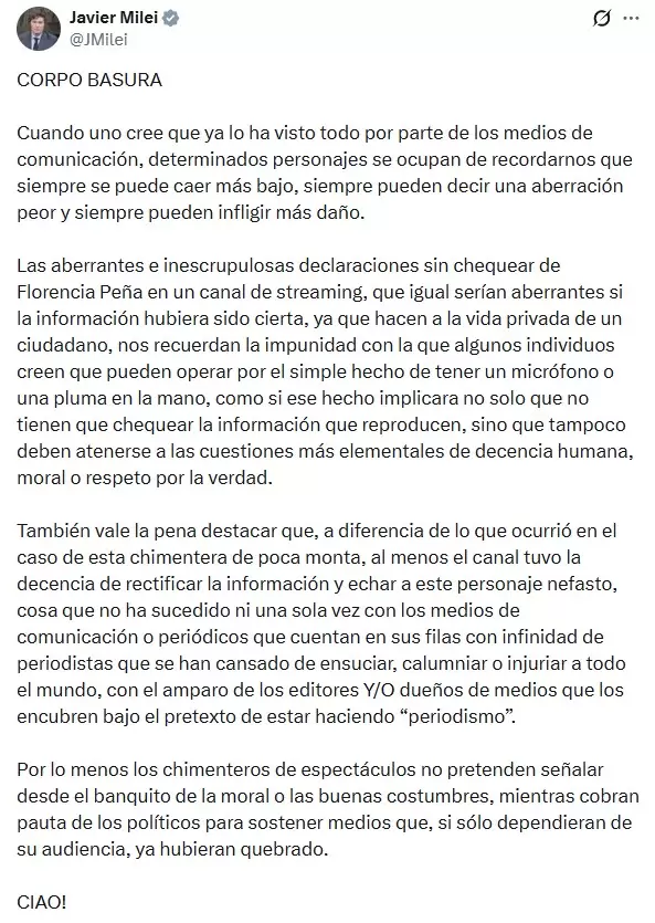 El tuit de Javier Milei en el que criticó la fake news que soltó Florencia Peña en Luzu TV.