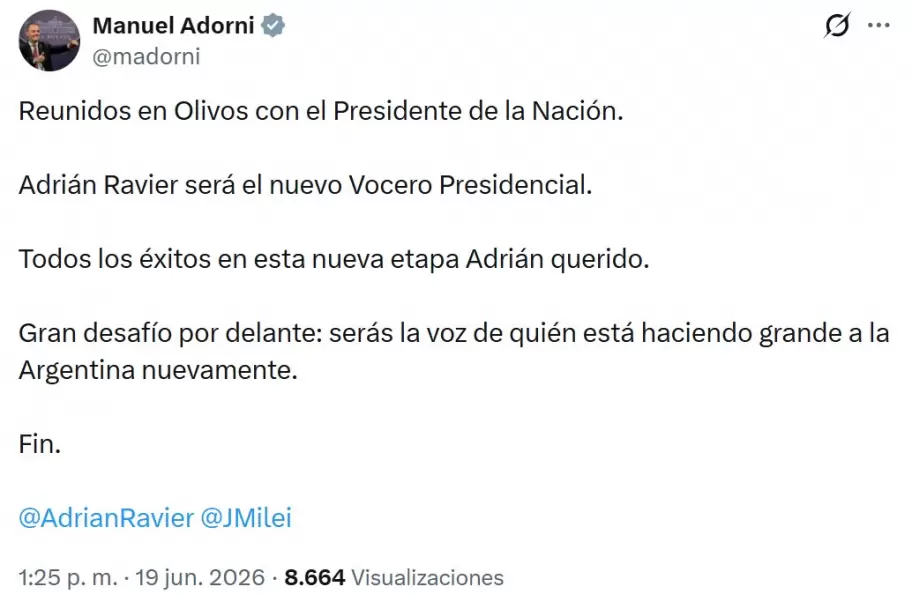 Manuel Adorni anunció al nuevo vocero nacional: Adrián Ravier.
